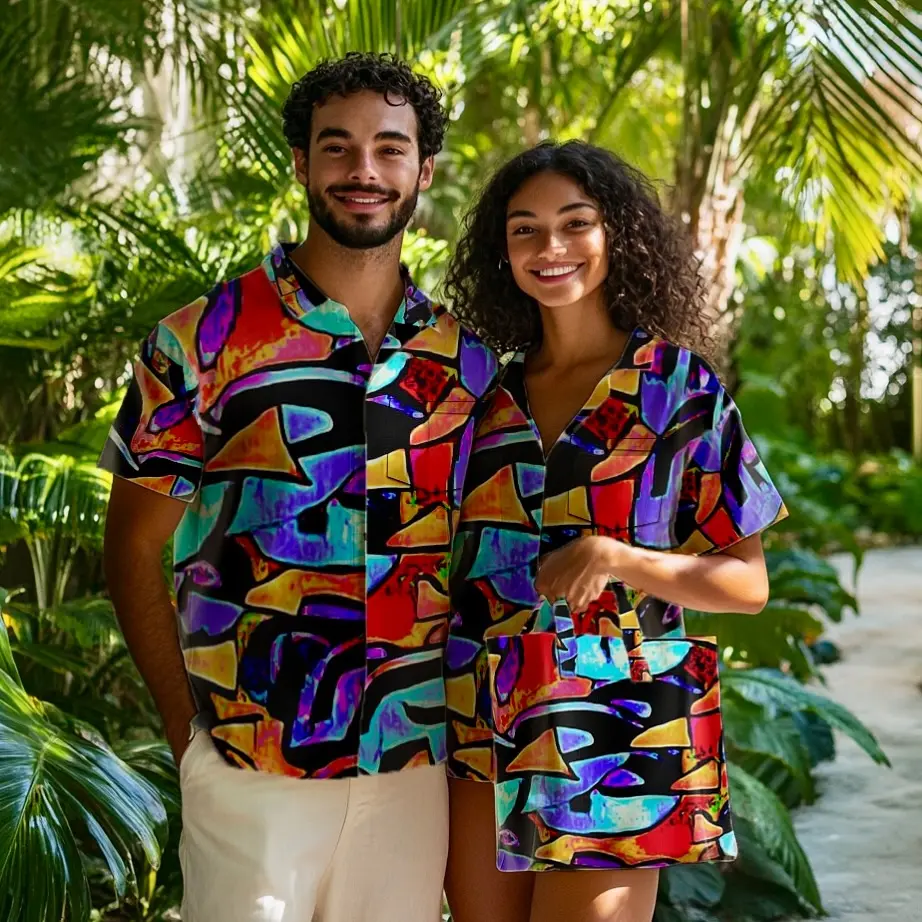 A couple wearing coordinated Walt Smith designs with a matching handbag