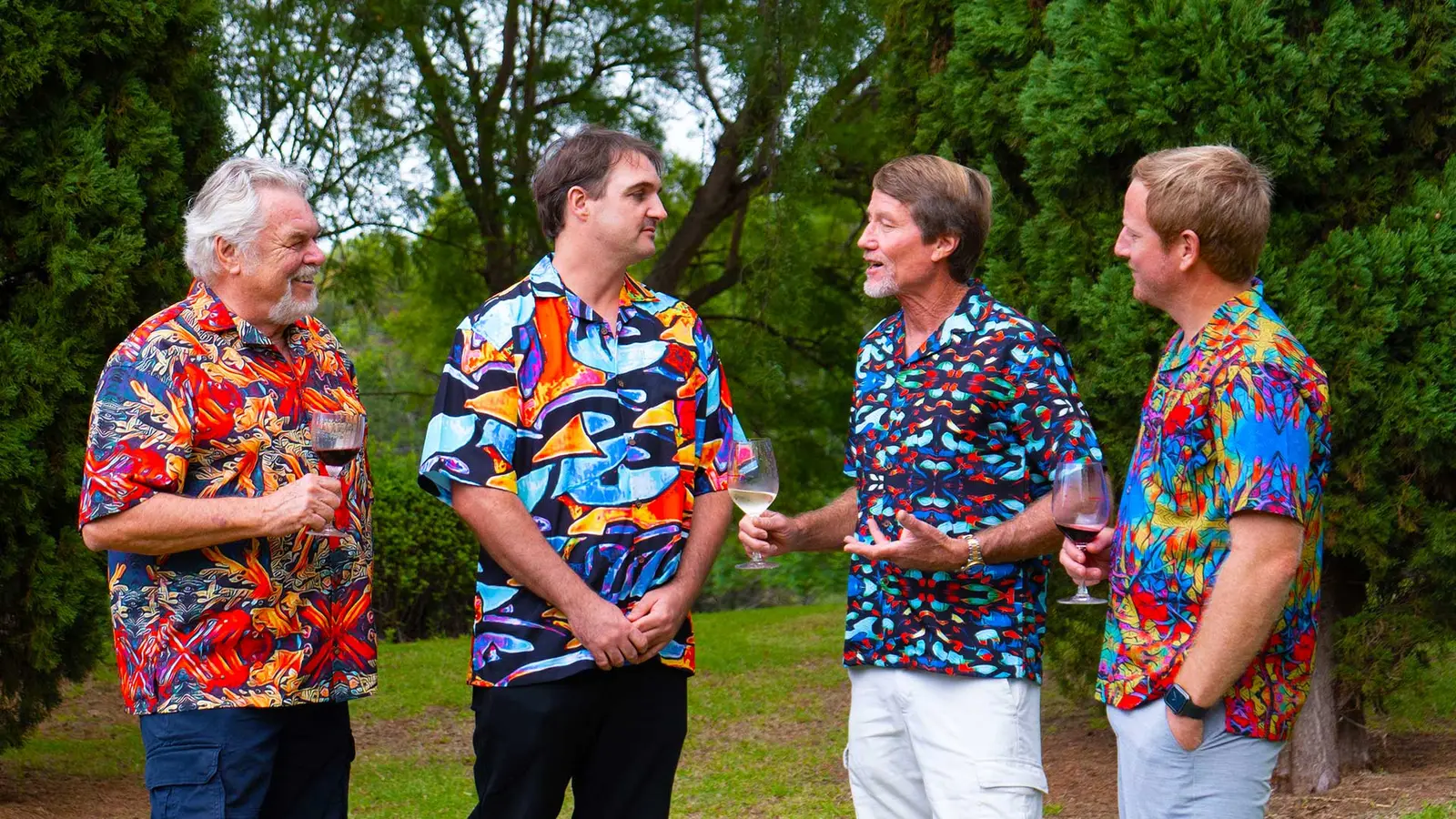 Walt Smith and friends wearing Blue Ocean Designs Bula shirts in Fiji