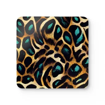 Teal Leopard Print Corkwood Coaster Set