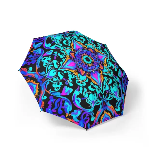 Foldable Umbrella — Vibrant Neon Mandala Compact Umbrella, Semi-Automatic Rain Travel Parasol
