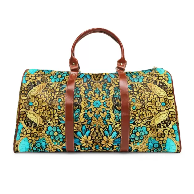 Turquoise Gold Floral Waterproof Travel Bag