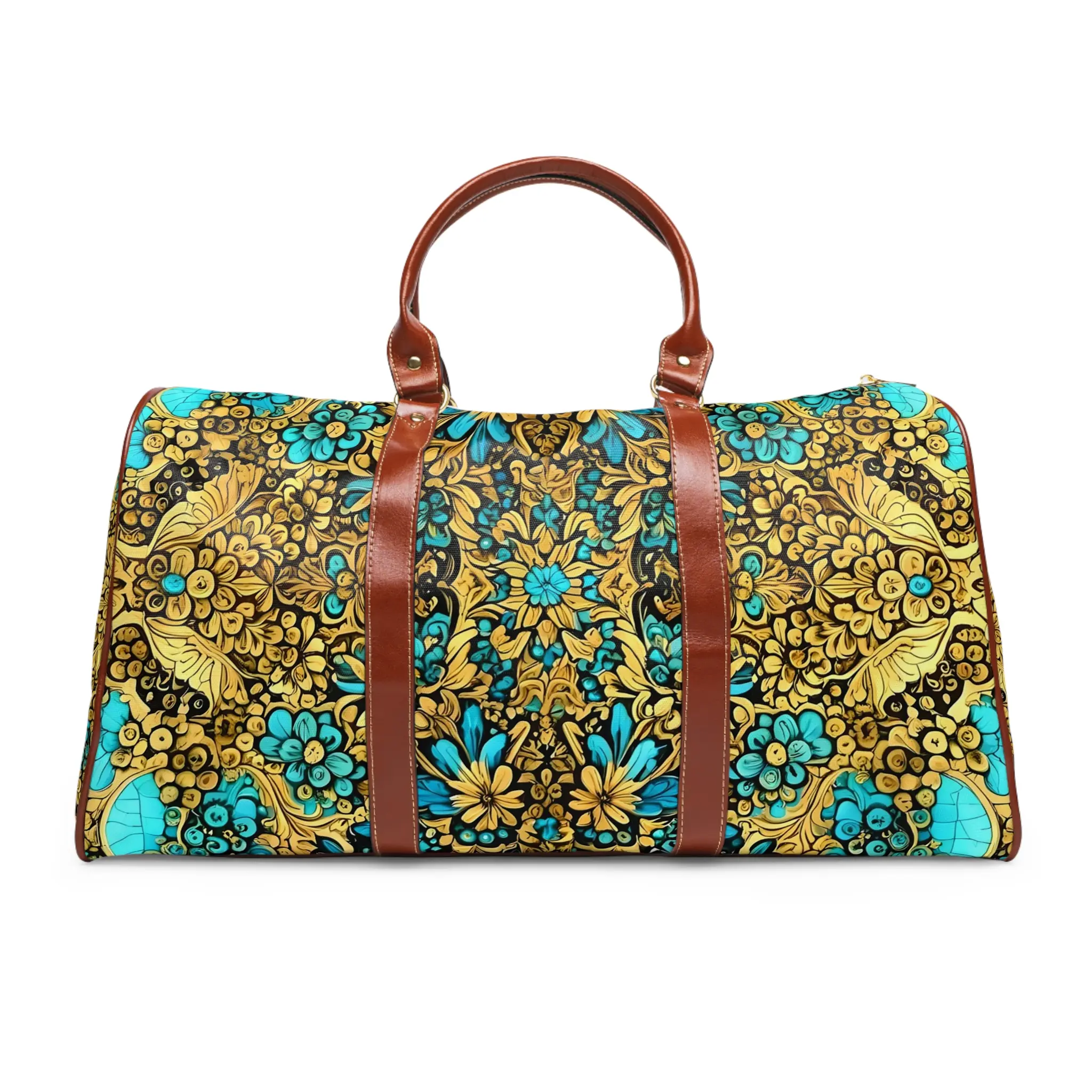 Turquoise Gold Floral Waterproof Travel Bag