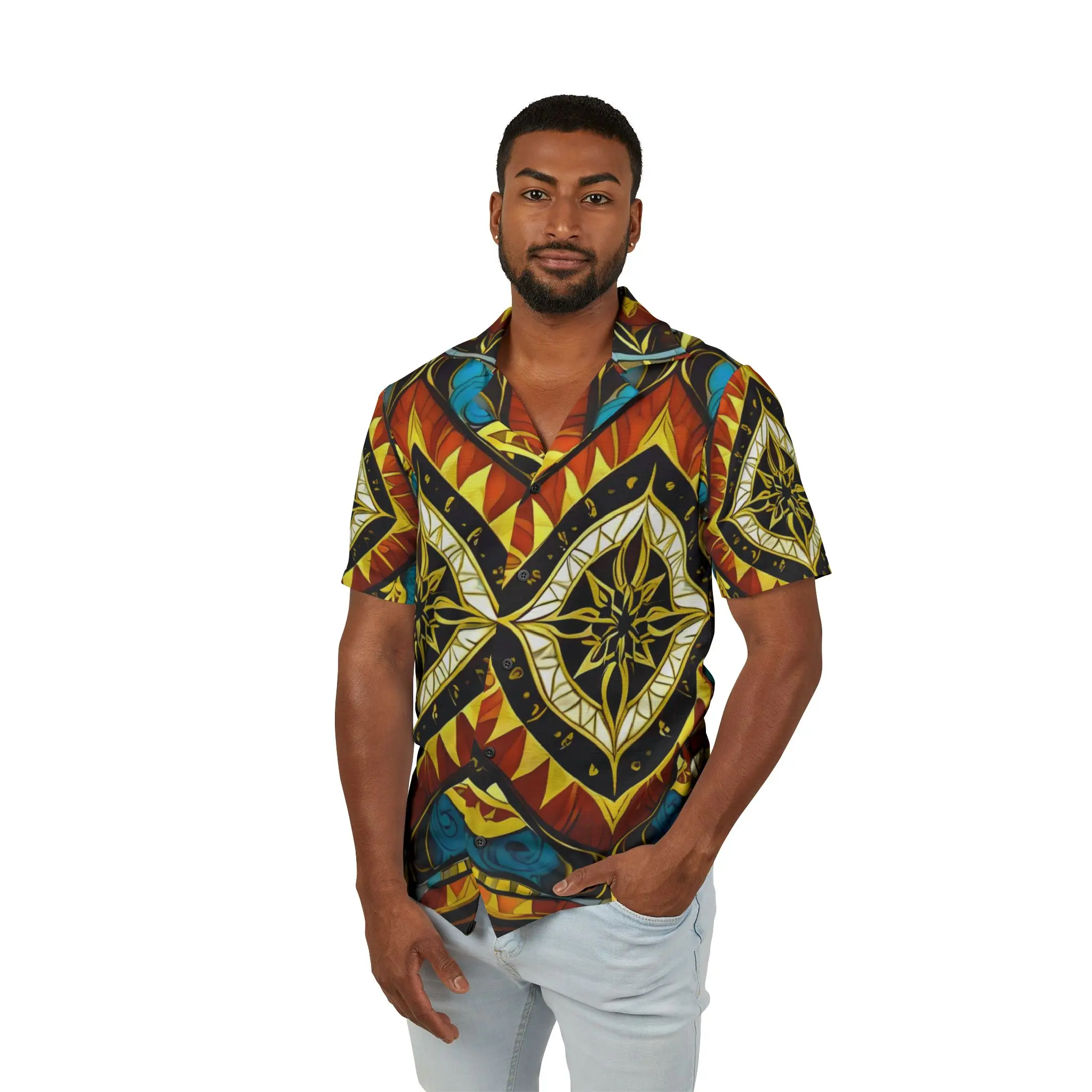 Tribal Geometric Pattern Hawaiian Camp Shirt | AOP - Image 3