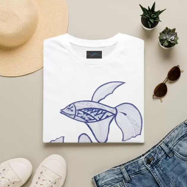 Hand-Drawn Koi Fish Illustration T-Shirt | Blue Line Art, Minimalist Aquatic