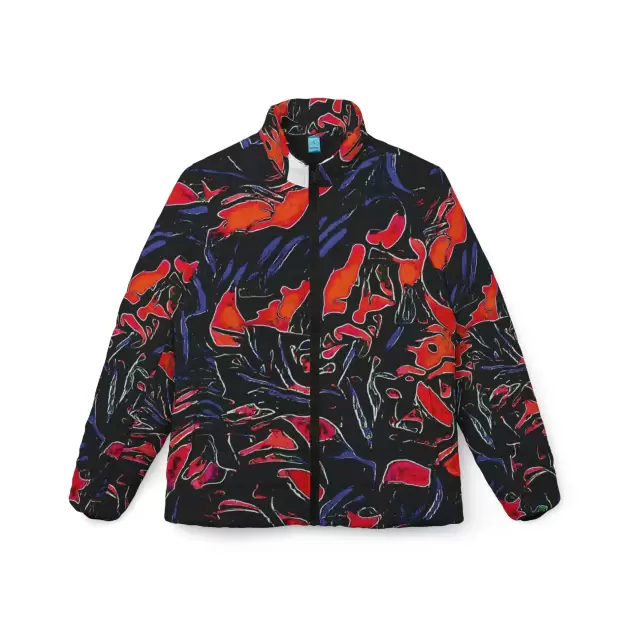 Abstract Red & Black Floral Puffer Jacket — Women's All-Over Print Winter Coat