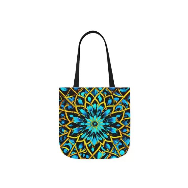 Mandala Floral Canvas Tote Bag — Blue & Gold Geometric Art Tote
