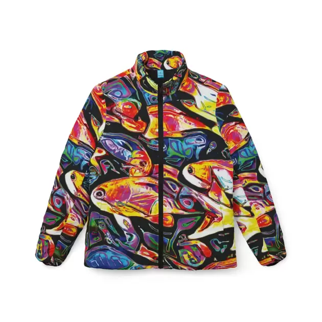 Colorful Fish Art Puffer Jacket — Women's Vibrant All-Over-Print