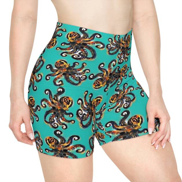 Octopus Pattern Women's Biker Shorts | Teal Sea Creature Print