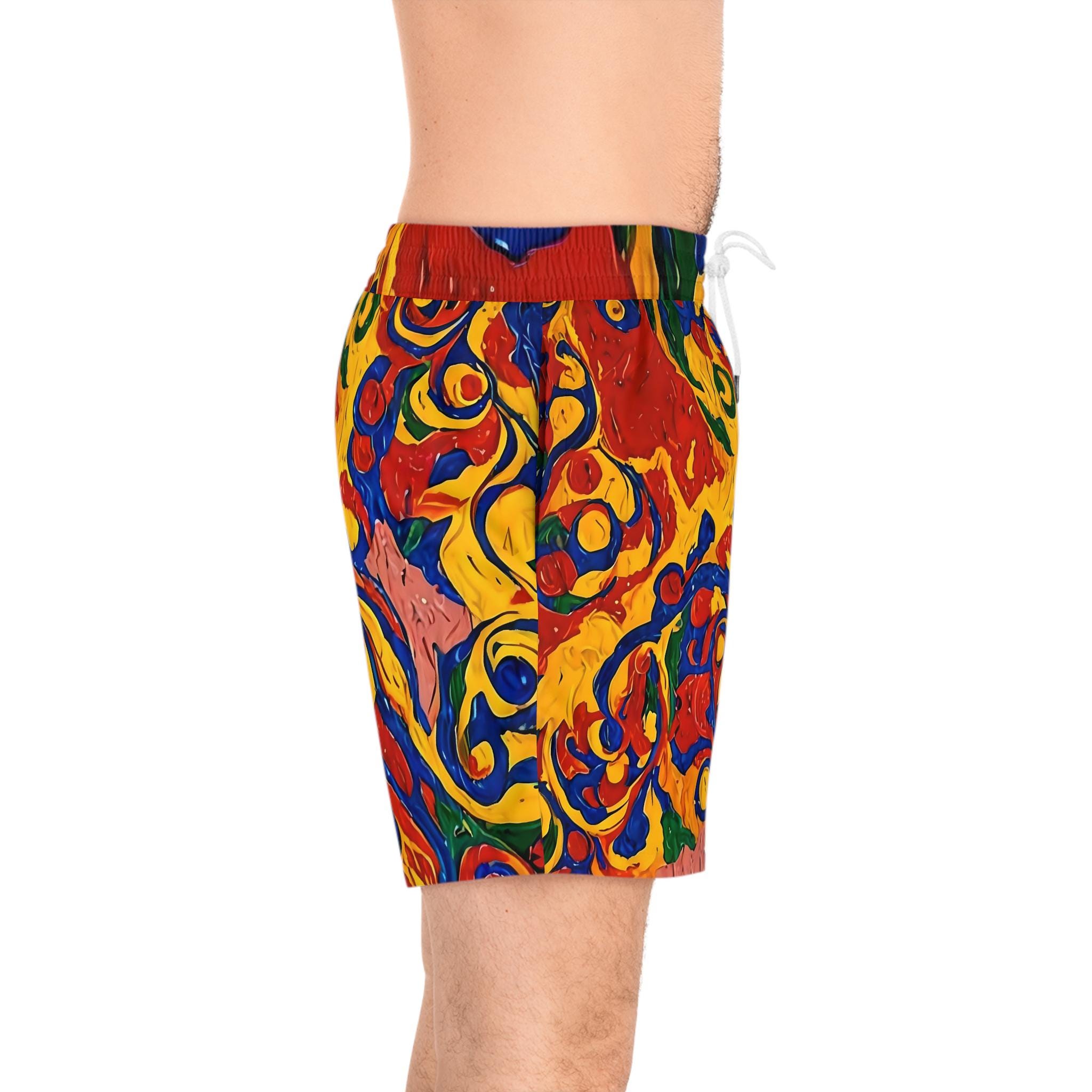 Abstract Colorful Paint Swirl Swim Shorts | Men's Mid-Length
