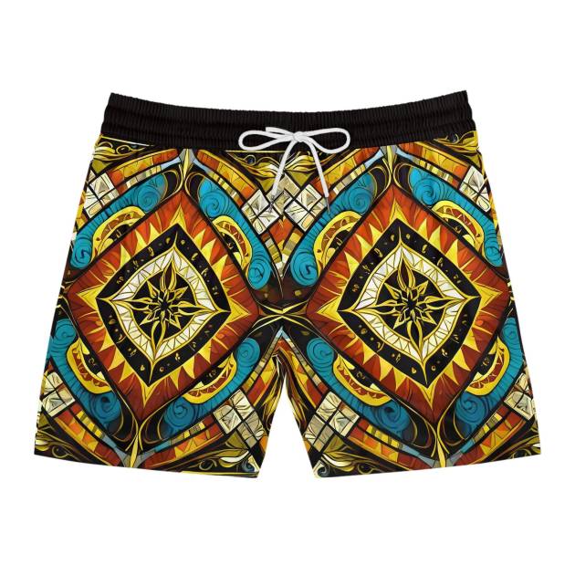 Tribal Geometric Pattern Swim Shorts | Men's Mid-Length Beach Trunks