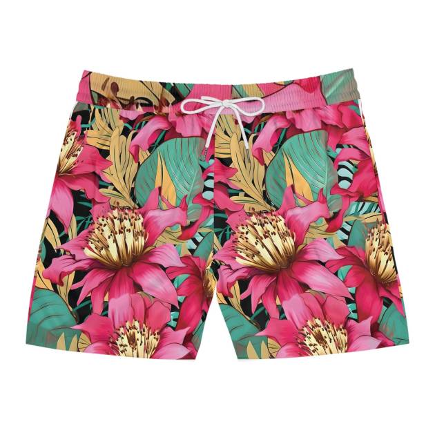 Tropical Pink Lily Floral Swim Shorts | Men's Mid-Length Beach Trunks