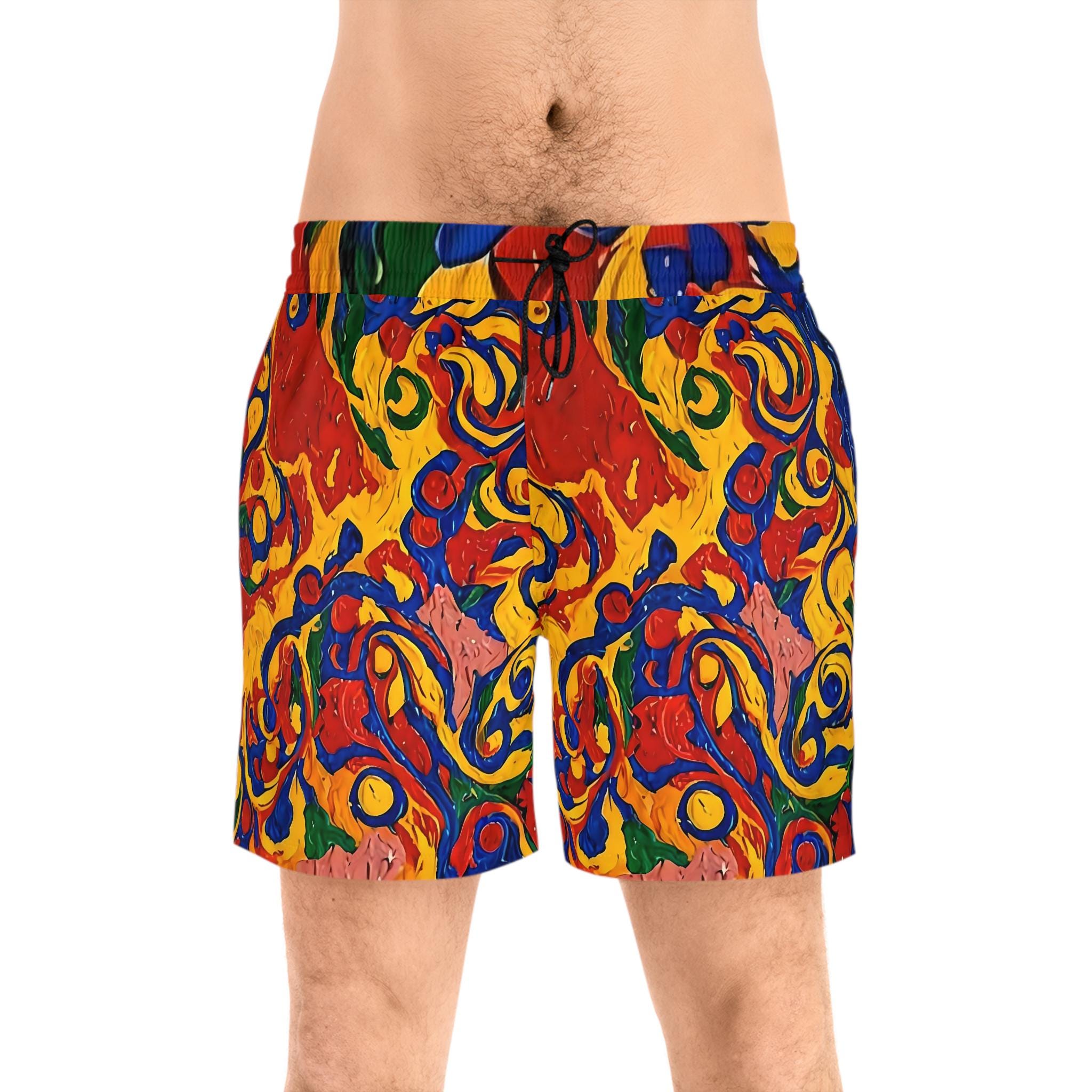 Abstract Colorful Paint Swirl Swim Shorts | Men's Mid-Length