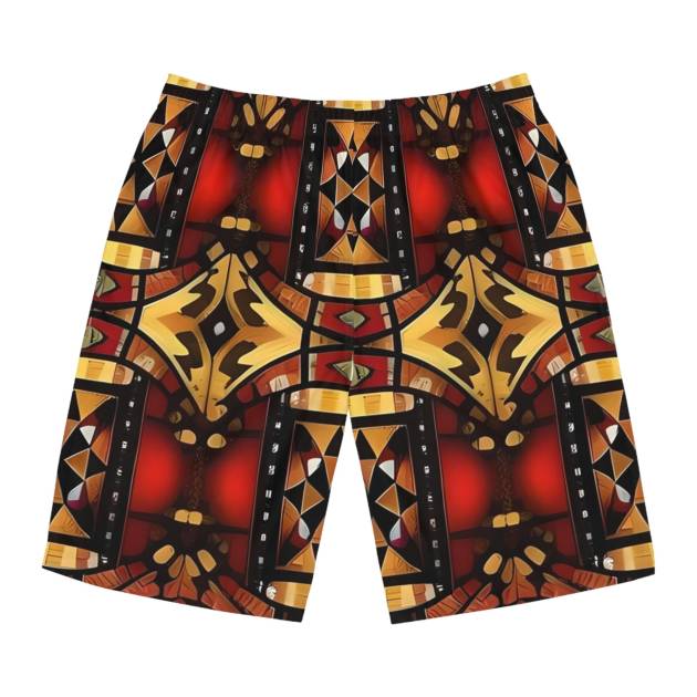 Tribal Geometric Pattern Men's Board Shorts | Red Gold Kaleidoscope