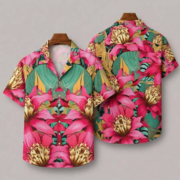 Vibrant Tropical Floral Print Men's Hawaiian Shirt | Pink Lily AOP