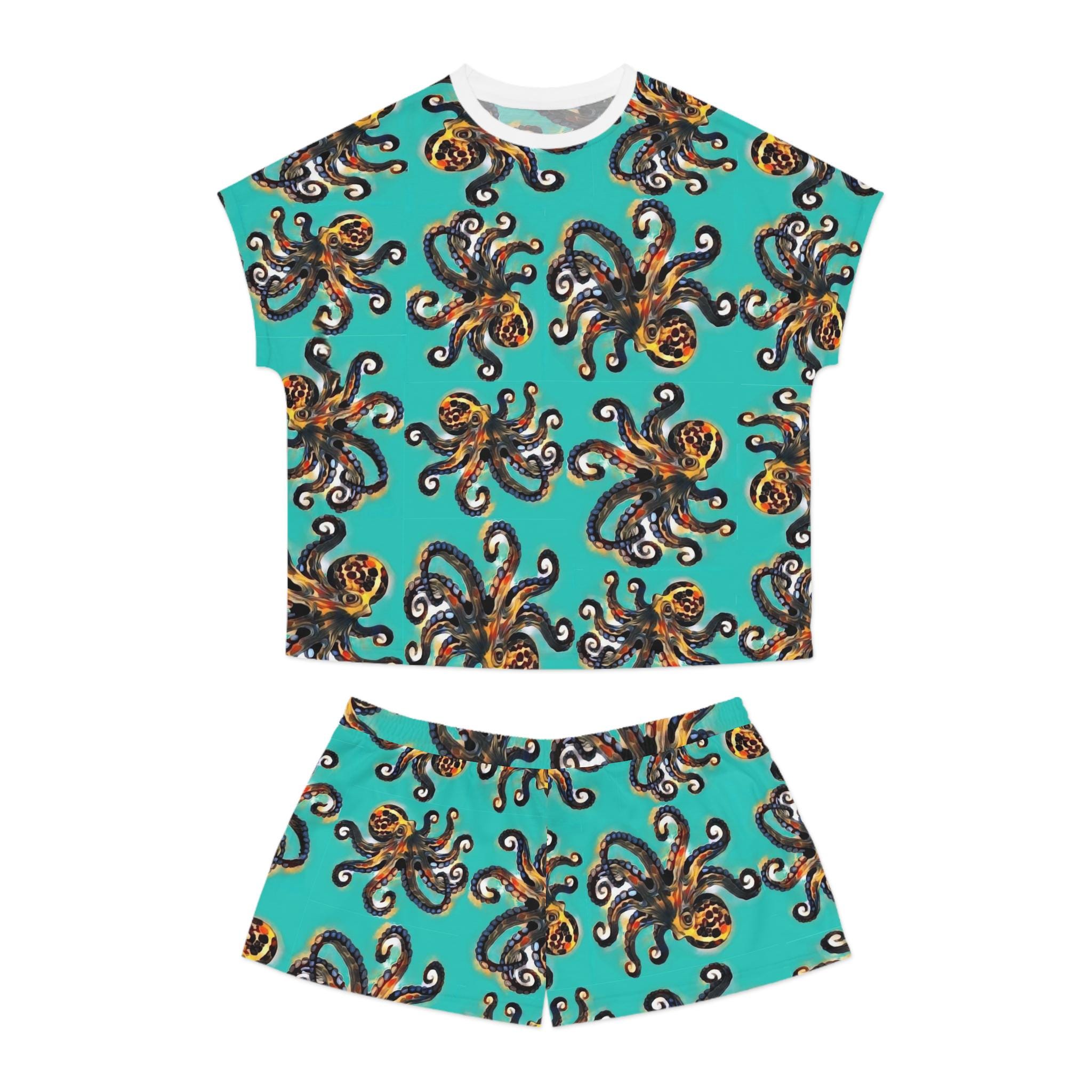 Octopus Pattern Women's Short Pajama Set | Turquoise Allover Print