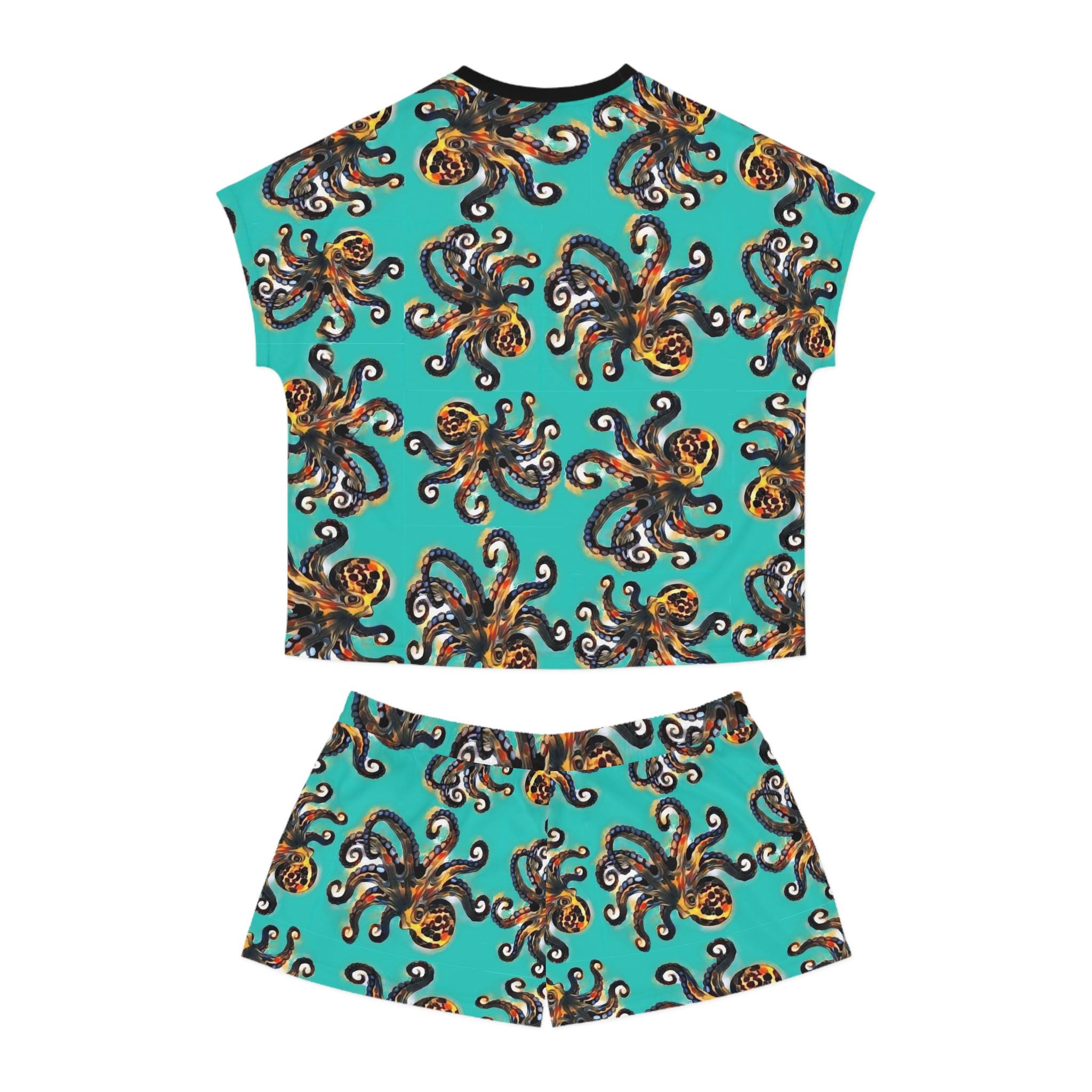 Octopus Pattern Women's Short Pajama Set | Turquoise Allover Print