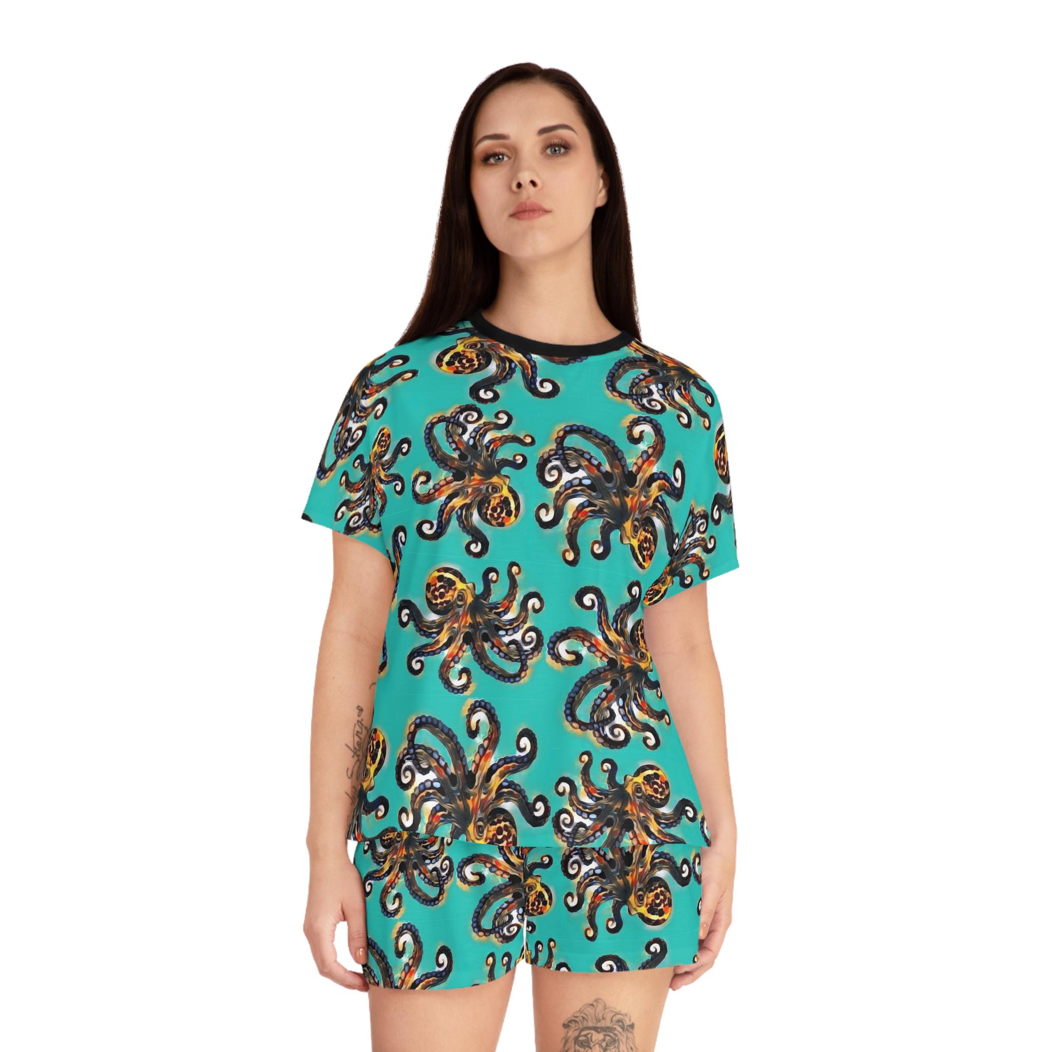 Octopus Pattern Women's Short Pajama Set | Turquoise Allover Print