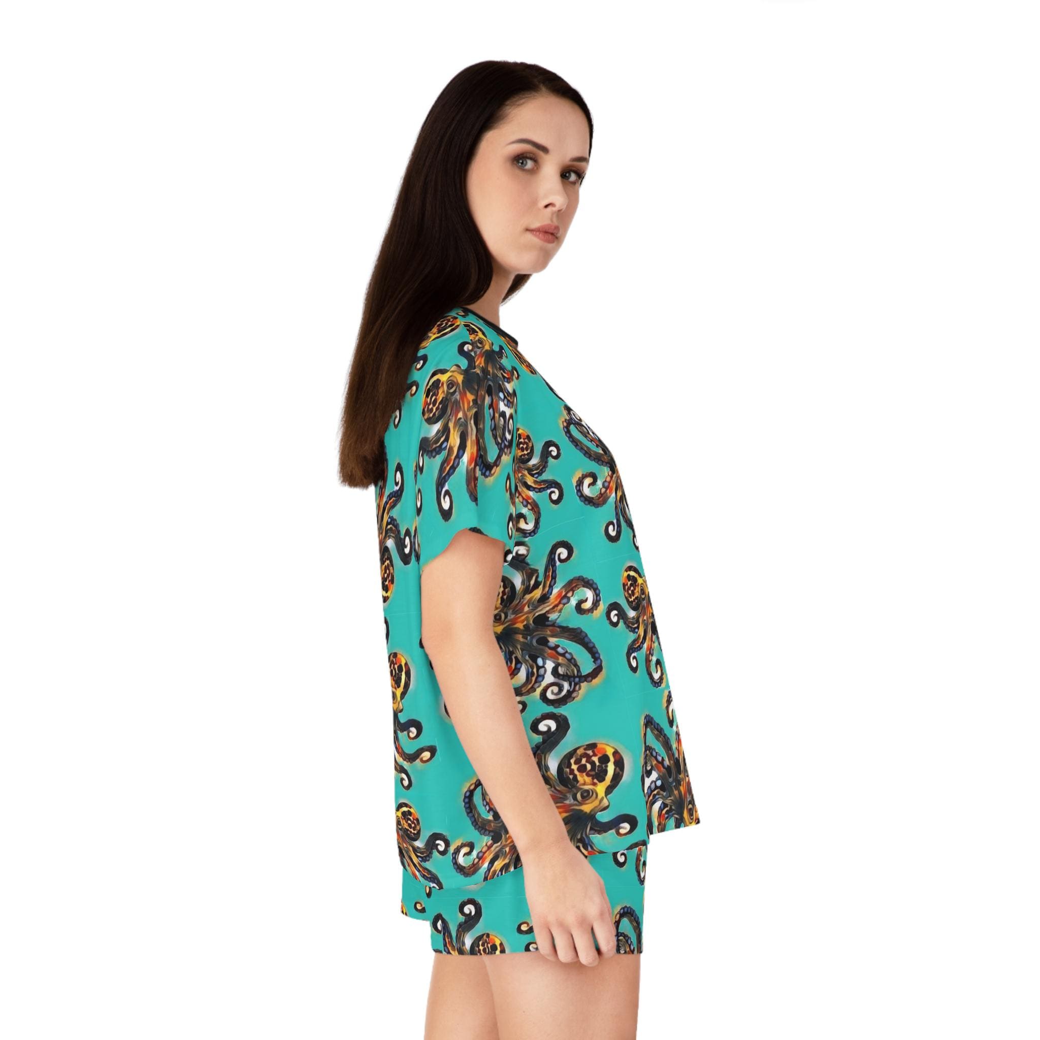 Octopus Pattern Women's Short Pajama Set | Turquoise Allover Print