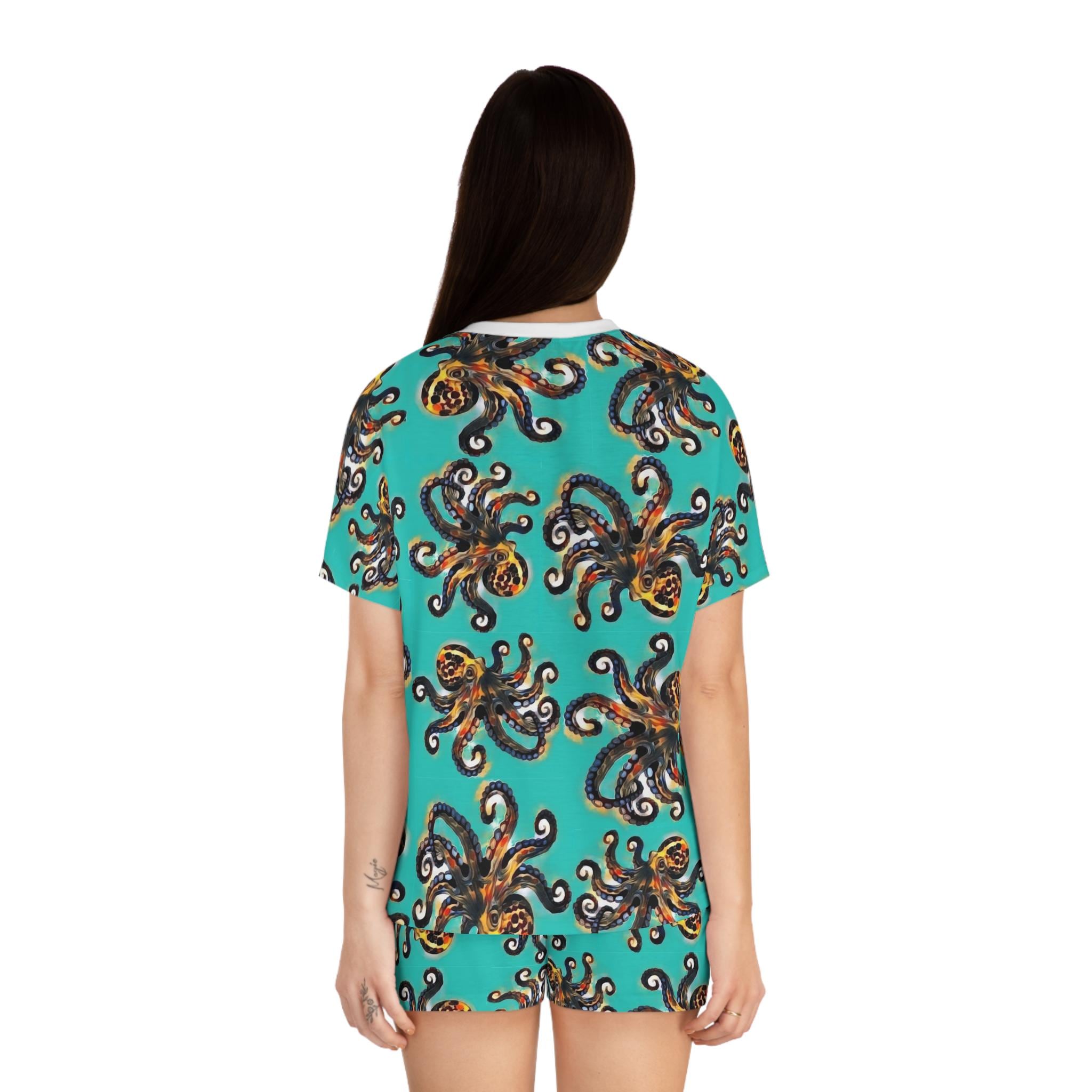 Octopus Pattern Women's Short Pajama Set | Turquoise Allover Print